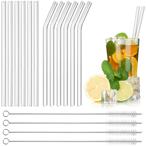 Wiederverwendbare Trinkhalme aus Glas, 16 Stück, 21,5 cm x 10 mm, 6 lange, gerade Trinkhalme + 6 gebogene Glasstrohhalme + 4 Reinigungsbürsten für Bubble Tea, Kaffee, Smoothies, Cocktails, Säfte