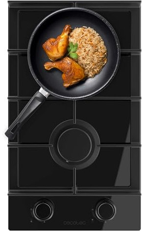 Cecotec Placa de Gas de 2 Fuegos Bolero Squad G 2400F Glass Black, 5,2kW, Glass Black, Parrillas Hierro Fundido, Quemador WOK Triple, Encendido Electrónico, Seguridad Válvulas, accesorio conversión