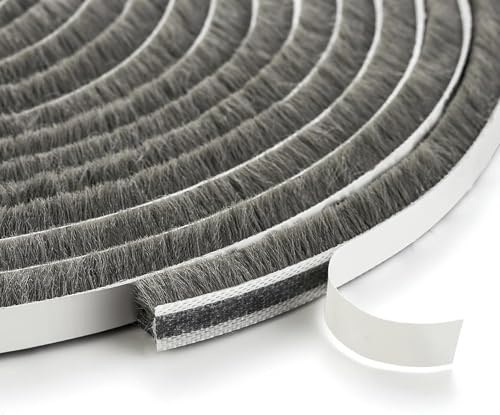 10 Meters Bürstendichtung Dichtungsbürste Selbstklebend, 9mm(B) x 15mm(D) Türbürstendichtung Bürstendichtung für Rolladen Schiebetür, Fenster Dichtungsband Türdichtung Bürste Grau