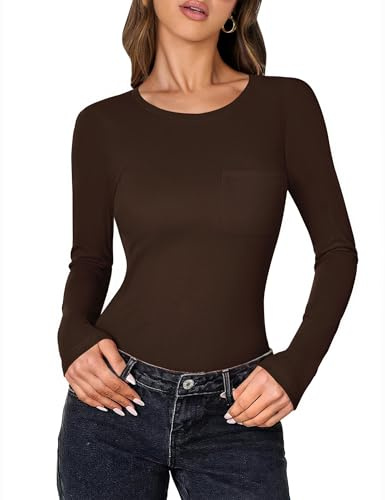 Aottori Long Sleeve Tops Women Crew Neck T Shirt Chest Pocket Stretch UK | Soft viscose stretch, practical chest pocket, plain design, easy work and weekend layer