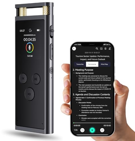 64GB KI Digitales Diktiergerät mit Playback - Aufnahmegerät mit ChatGPT 4o zum Transkribieren und Zusammenfassen, One-Touch-Aufnahme, Rauschunterdrückung,102 Sprachen, für Vortrag/Interviews/Klassen