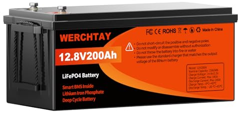 WERCHTAY Bateria Lifepo4 12V 200Ah, Bateria Litio Recargable, Baterías de Ciclo Profundo, Batería Coche 2560Wh con Sistema 200A BMS, 18000 Ciclos Para Sistema Placa Solar, Barco, Hogar, Camper (200ah)