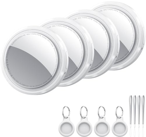 Air Tracker Tag Schlüsselfinder 4er Pack, Koffer Tracker Kompatibel mit Apple Wo ist? APP (Nur iOS), Bluetooth Key Finder für Gepäck/Taschen/Brieftasche, Smart KeyFinder, Austauschbarer Akku, Weiß