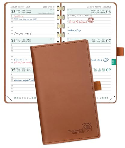 POPRUN Academic Pocket Diary 2026-2027 Slim (8.8x15.9) Week to View Spiral | 17 Months (Aug'26 - Dec'27) Small for Bag,Mid Year 26/27 Weekly Planner PU Leather Cover, Card Slot (Brown)