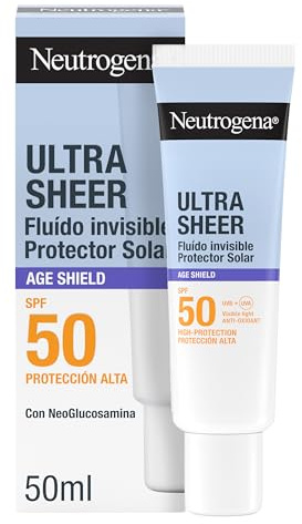 Neutrogena Ultra Sheer Solar Fluido Invisible Anti-edad SPF 50, 50 ml | Crema de Sol Facial, Reduce Manchas Oscuras, Resistente al Agua, Protección 50 UVB/UVA, Ligera, Sin Perfume, Hipoalergénica