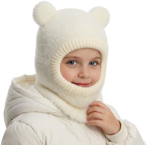 AYPOW Vintermössa för barn från 4 till 8 år, varm stickad hatt öronhalsduk med pompong, termisk vindtät mössa, småbarn, pojke, flicka, fleecefodrad ansiktsmask, Vitt och blått, One size