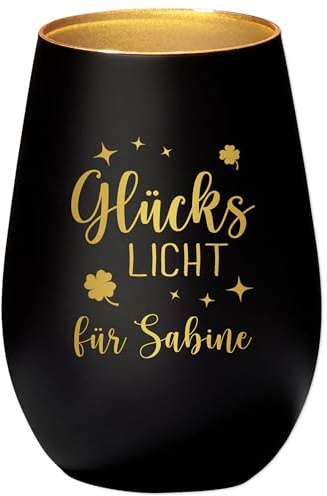 Glückslicht Windlicht Glas personalisiert Teelicht Kerzenglas mit Gravur Glückskerze Glücksbringer Geschenk (Schwarz)
