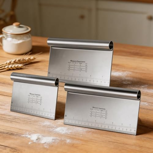 3 Stück Teigschaber Edelstahl Gemüseschaufel, Antihaft Teigkarte Edelstahl, 15/20/25 cm Teigschneider mit Messskala, Durable Küchenspachtel für Kuchen Brot,Cake,Pizza,Torte, Dough Backutensilien