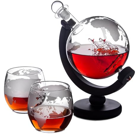 Whiskey Decanter Set with Globe Design Wooden Stand and Two Glasses Sealed 850ml Liquor Dispenser,Ideal for Whisky Scotch Rum Brandy Home Bar Decanter Sets for Whiskey Glass Set