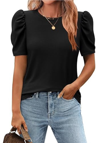 Zeagoo Camiseta Manga Corta Mujer Verano Cuello Redondo Camiseta Elegante Mangas Abullonadas T-Shirt Tunica Top