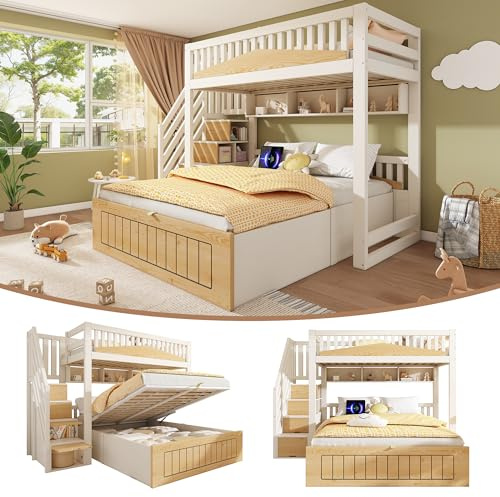 Kinder Holz Etagenbett 90x200 & 140x200 cm mit hydraulischem Stauraum Treppenschrank Sicherheitsgeländer und USB‑C Anschluss, versetztes Familienbett für mehrere Kinder in Weiß&Natur, ohne Matratze