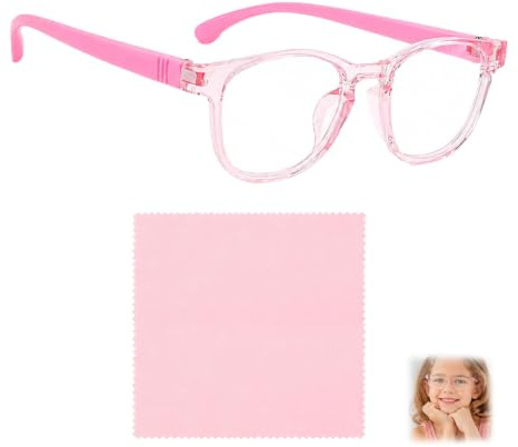 Blue Light Blocking Glasses for Kids with Pink Cleaning Cloth, Children's Gaming Computer Glasses Anti UV & Eyestrain Computer Gaming Eyeglasses for Girls Boys Light Frame Clear Lens Pretend Glasses