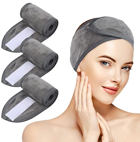 KinHwa Haarband Kosmetik Stirnband Frottee 3 Stück Haarband schminken Verstellbare Haarschutzband mit Klettverschluss Mikrofaser Haarbänder kosmetik für Make Up, Sport, Yoga, Spa, Gesicht, Grau