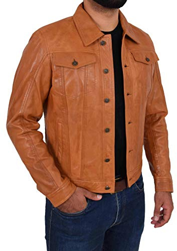 A1 FASHION GOODS Mens Soft Leather Trucker Jacket Tan American Western Denim Style Coat Bond (Small)