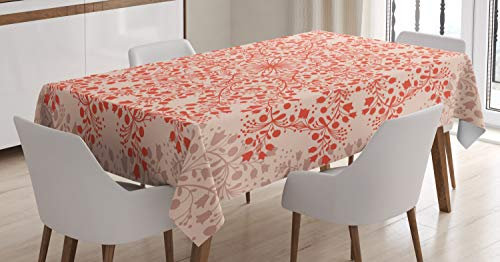 ABAKUHAUS Red Mandala Tischdecke, Rural Reisig Blooms, Inn und Outdoor Bereich geeignet Waschbar Druck Klare Farben Kein Verblassen, 140 x 240 cm, Pfirsich und Rot