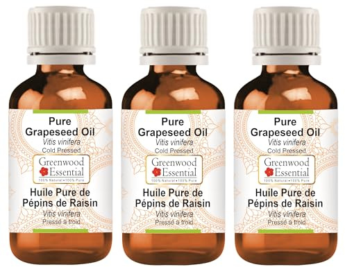 Greenwood Essential Olio di semi d'uva naturale (Vitis vinifera) pressato a freddo, 100 ml x 3 (10 oz)