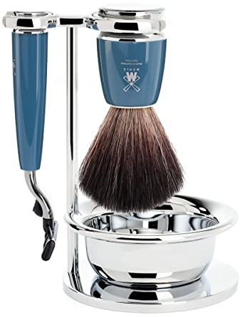 MÜHLE Rytmo Rasierset - kompatibel mit Gillette-Klingen, Black Fibre Pinsel, Halterung mit Schale - Edelharz Griff, petrol - vegan