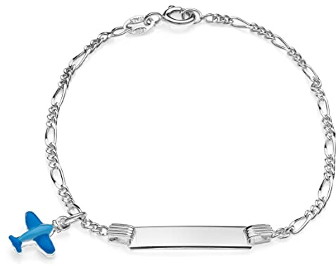 AKA Gioielli® - Bracelet d'Identification Nom Enfant Argent 925 avec Avion Bleu, Cadeau Bébé Garçon