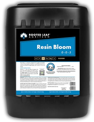 Rooted Leaf Agritech Resin Bloom - Carbon and Potassium Based Flower Finisher Fertilizer for Flowering Plants 100% Nitrate Free with Ginkgo & Jasmine - 5 Gallon
