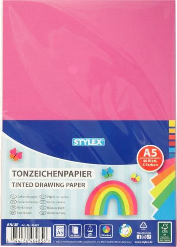 STYLEX 46485 - Tonpapier 40 Blatt Bastelpapier A5 | 200 g/m² Papier in 5 verschiedenen Trendfarben zum Basteln und Verzieren