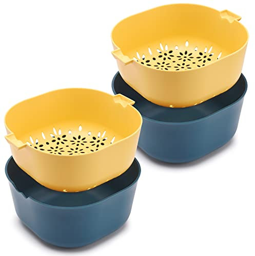 MASJENBU Set di 2 colini e scodelle scolapasta, robusto filtro per lavello da cucina per lavare frutta e verdura, filtro per pasta, senza BPA, lavabile in lavastoviglie, blu giallo, 2,5 litri