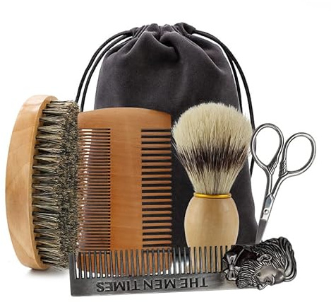 6-teiliges Bartkamm-Bürsten-Set für Herren, natürliche Wildschweinborstenbürste und Dual-Action-Holzkamm, ideal mit Samt-Reisetasche für Gesichtsreinigung, Schnurrbart, Werkzeuge, Geschenkbeutel