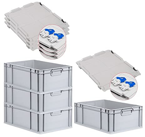 PROREGAL SuperSparSet 4x Eurobox NextGen Grip mit Scharnierdeckel und blauen Schiebeschnappverschlüssen, HxBxT 22x40x60cm, 44 L, Grau, Griffe geschlossen, Eurobehälter, Transportbox