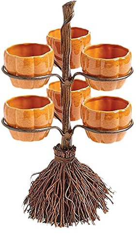 PUZAME Cute Halloween Resin Pumpkin Bowls on Witch’s Broom for Serving Fruit Salad Snacks Dessert, Halloween Party Supplies Tabletop Trays Halloween Pumpkin Snack Bowl Stand Decorations, 6 Bowls