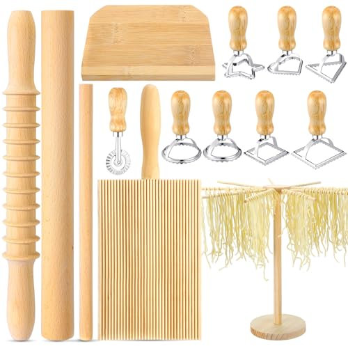 Suclain 14 Pcs Pasta Making Tool Set Includes Wooden Pasta Cutter Dough Scraper Rolling Pin Pasta Drying Rack Gnocchi Board Wood with Roller 8 Ravioli Stamp Maker Cutter for Kitchen Noodle (Classic)