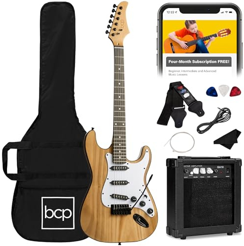Best Choice Products 39in Full Size Beginner Electric Guitar Starter Kit w/Case, Strap, 10W Amp, Strings, Pick, Tremolo Bar - Natural