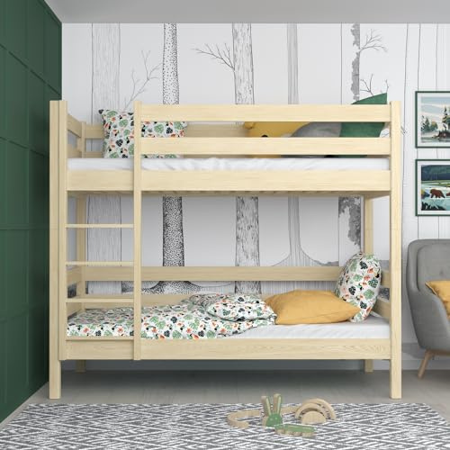 N-wood N01 Letto a castello 80x180, 100% Legno massello, Letto per bambini e adulti, Funzione di 2 letti singoli, Scala universale, 2 Strutture inclusa, Bordi arrotondati, Pino chiaro