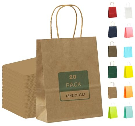 MORAINJAY 20 Stück Geschenktüten mit Henkel,Kraftpapiertüten,15x8x21cm Original Papiertüten für Geschenkverpackung,Gastgeschenke Tüten für Einkaufen,Hochzeiten,Verpackungen,Kindergeburtstag