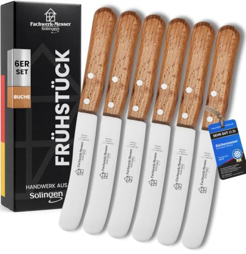 Fachwerk-Messer Buckelsmesser 6er-Set, Buchenholzgriff, Made in Solingen | Sechs Brötchenmesser mit Buchenholzgriff und glattem V-Schliff für Familie, Frühstückstisch und Brotzeit