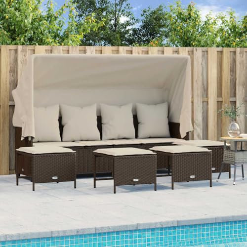 Homgoday 5-TLG. Gartensofa mit Dach & Fußhocker Gartenlounge Balkonmöbel Gartenmöbel Loungemöbel Sitzgruppe Sofagarnitur mit Kissen Ecksofa für Balkon Terrasse Braun Poly Rattan