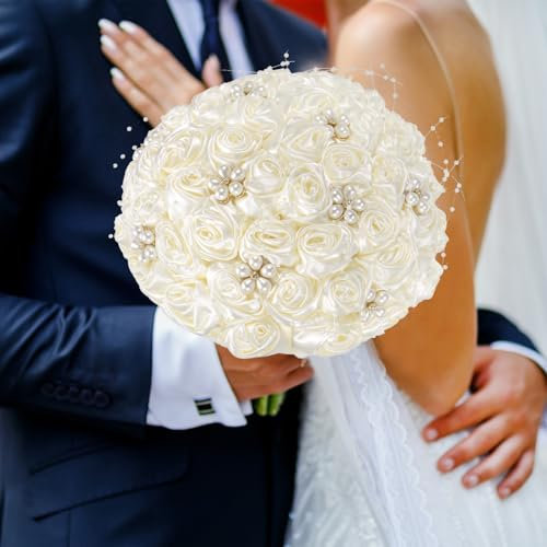 M METERXITY Bouquet da Sposa per Sposa, Bouquet di Rose Artificiali per Matrimonio/Sposa/Dama Onore, Bouquet Nuziale Rotondo per Lancio [Bianco Crema]