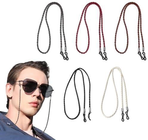 MEGAVOW 5 Stycken Pu-Läder Glasögon Kedja, Halkfria Glasögonkedja Glasögonkedjor för Kvinnor Män, Justerbar Glasögonband Flerfärgad Glasögonsnöre