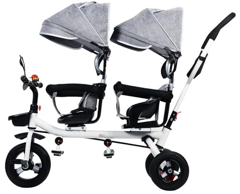 funrautz Dubbel barnvagn med baldakin, trehjuling för småbarn, trycktrehjuling med stötsäkert gummihjul, promenadbarnvagn med förvaringskorg och säkerhetssele grå