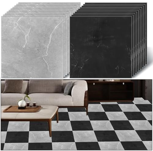 VIDETOL 40 Pcs Self Adhesive Floor Tiles, 30x30cm Large Marble Effect Peel and Stick Floor Tiles, Waterproof Flooring Stickers for Office Bathroom Kitchen Living Room, 20 Pcs Black, 20 Pcs Grey