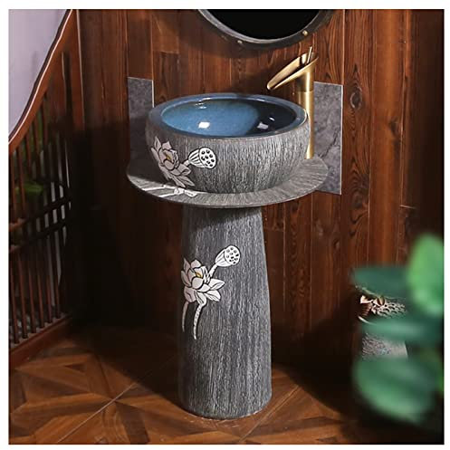 GLJTUO Pedestal Sink Handcrafted Ceramic wash Basin Pedestal washbasin, Kaolin Clay Pedestal Sink Round Freestanding Sink for Indoor and Outdoor,L, (E With mirror)