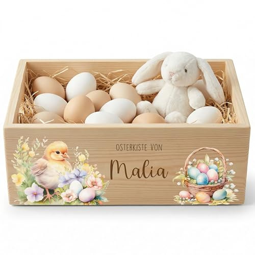 Kidsmood - Personalisierte Holzkiste mit Namen – Aufbewahrungskorb zu Ostern für Kinder, nachhaltig & kindersicher für Osterdeko & Ostergeschenke mit fröhlichen Frühlingsküken (40x30x13)