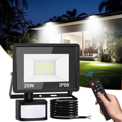 vighep Security Lights Outdoor Motion Sensor, 20W Led Pir Floodlight with Remote Control, 6500K Cold White IP66 Waterproof Outside Wall Light Mains Powered for Garage Backyard Garden Doorway