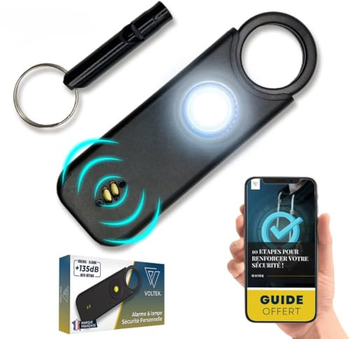 VOLTEK kit sifflet et Alarme personnelle (Noir) Femme Defense + detecteur Porte et fenêtre autodéfense Auto Alarme Mini Autonome + sifflet Urgence personnelle Lampe puissante 135 DB, USB-C, Guide