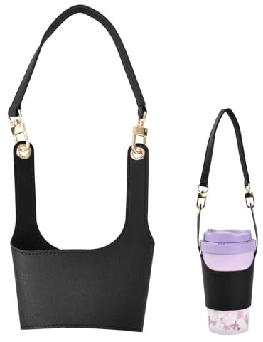 Disnace Coffee Cup Holder, Tea Cup Protective Sleeve, Portable Leather Coffee Drink Sleeve, Hands-Free Coffee Cup Holder with Detachable Chain Strap for Travel Camping Shopping Accessories (Black)