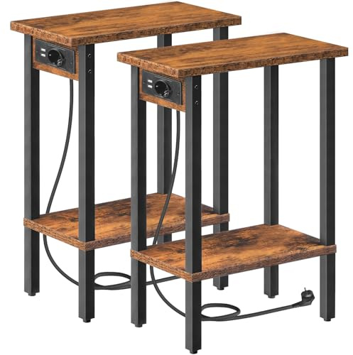 HOOBRO Schmale Beistelltische 2 Ebenen, 2er-Set, Sofatische mit Ladestation, Nachttische mit Ablage, kleine Räume, Wohnzimmer, Schlafzimmer, Arbeitszimmer, Vintagebraun und Schwarz EBF240CBZP201