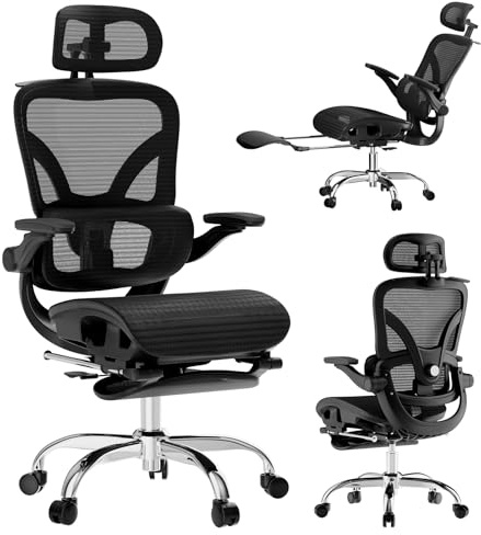 Alllion Ergonomic Mesh Office Chair, Home Desk Chair Comfy High Back with Adjustable Lumbar Support, 3D Headrest, Flip-up Arms, Big and Tall Reclining Computer Gaming Chairs for Men Women, Black