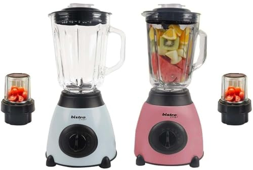 Bistro Chef 2-in-1 Nuts Ice Crushing Mixer Blender 850W, Professional Handheld Kitchen Blender 1.5L for Smoothie Maker, Fruit Juice, Shake, Made from Glass & Stainless Steel (Pink & Blue, Pack of 2)
