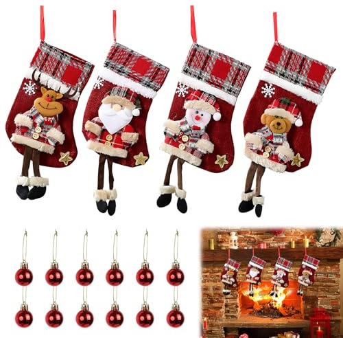 TPVUPC 4 Paar Weihnachtssocken, Nikolausstrumpf klein Weihnachtsstrümpfe, Nikolaussocke zum Aufhängen, Nikolausstiefel zum Befüllen, Christmas Stocking Set, Weihnachtsstrumpf für Treppe, Kamin