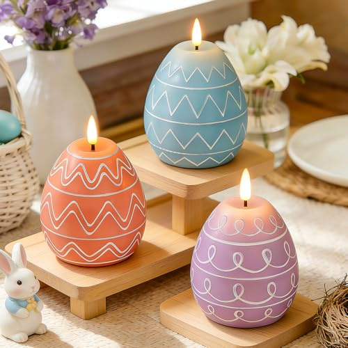 Lanpn 3 Pcs Easter Egg Flameless Candles, Battery Operated Led Candle Light with Remote, Real Wax Egg Shaped Candle Gift Set, 3D Flickering Flame, NO Batteries Included, 2.9x4.7