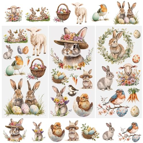 WANDIC 3 Bogen Rub On Sticker Ostern, Frohe Ostern Deko Ostereier Osterhasen Wasserdicht Aufkleber Bauernkaninchen Handarbeiten Rub Ons Frühling Aufkleber für Glas Keramik Holz Möbel, 15x30cm