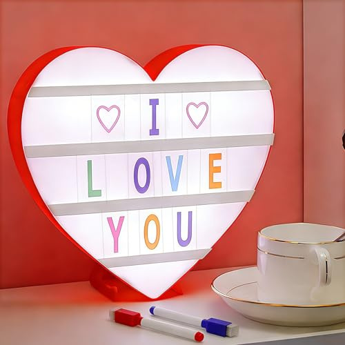Caja de Luz Corazón con 96 Letras, 2 Rotuladores, Cartel Luminoso LED para Decoracion Habitacion Hogar, Caja de Luz LED para Boda, Aniversario, Cumpleaños, Fiesta de San Valentín, Regalos Mujer